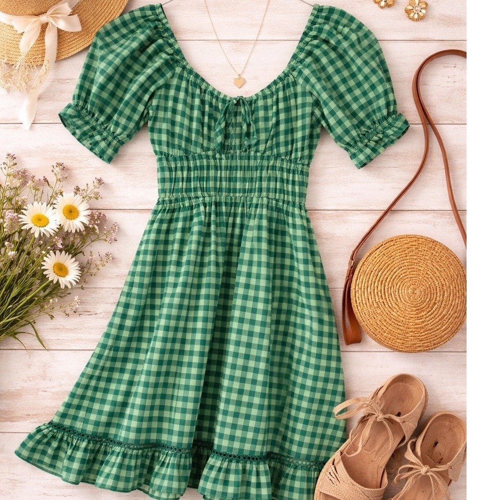 Ghanda XS Green Gingham Puff Sleeve Dress Cottagecore Picnic NWT